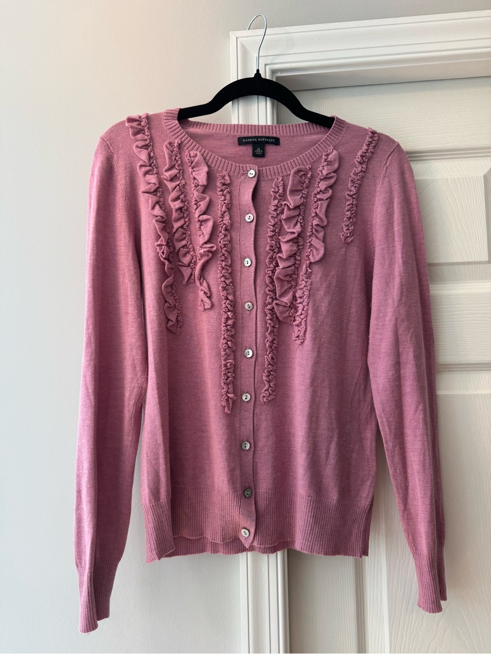Banana Republic Women's Anne Mauve Ruffle-Front Crewneck Cardigan Sweater, sz M